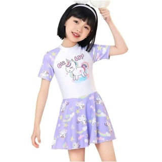 Đồ bơi cho bé gái cộc tay giả váy hoạ tiết ngựa 1 sừng 15- 40kg, bikini cho bé gái, đồ bơi cho bé