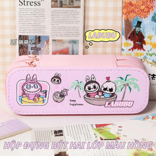 Hộp bút da PU dung tích lớn hình Labubu dễ thương đáng yêu, hộp bút 2 ngăn tiện lợi cho bé