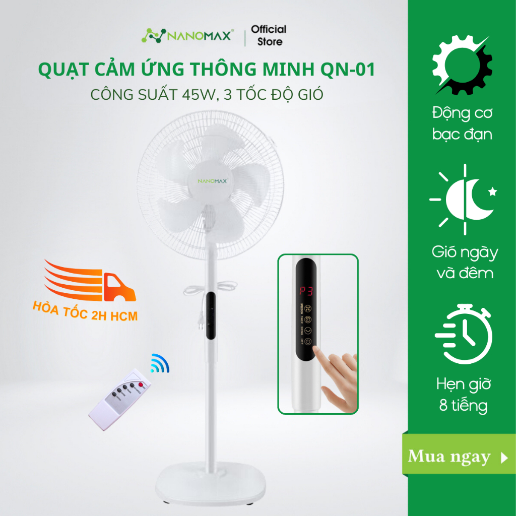 Ảnh Quạt Cây Đứng Cảm Ứng Thông Minh Nanomax QN-01, Công Suất 45W Tặng Kèm Điều Khiển Từ Xa 1