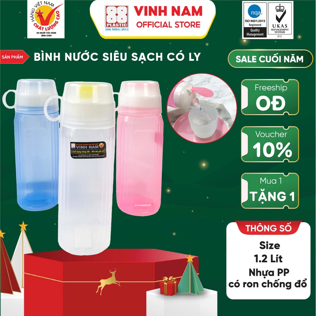 Bình Nước Siêu Sạch Kèm Ly Vinh Nam Plastic Đựng Nước An Toàn Cho Sức Khoẻ Dung Tích 1.2L Mã 205