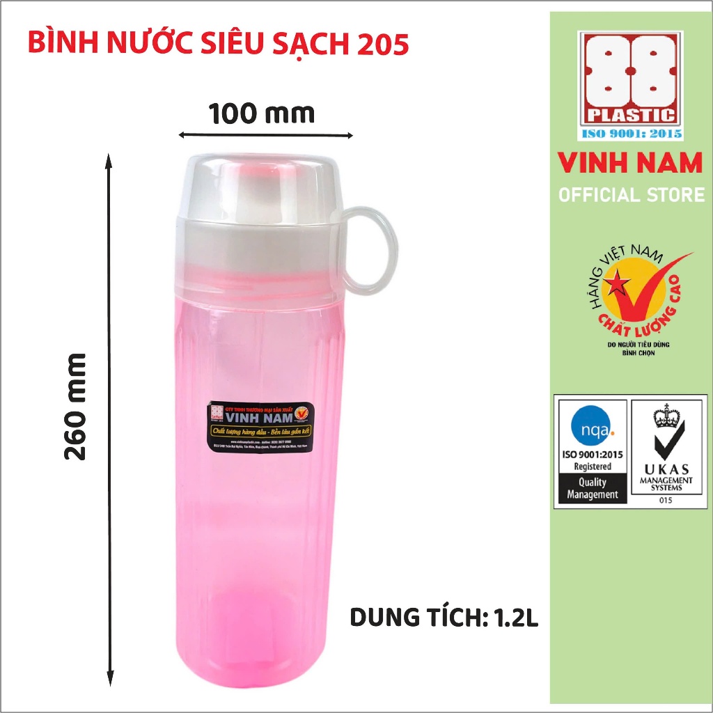 Bình Nước Siêu Sạch Kèm Ly Vinh Nam Plastic Đựng Nước An Toàn Cho Sức Khoẻ Dung Tích 1.2L Mã 205