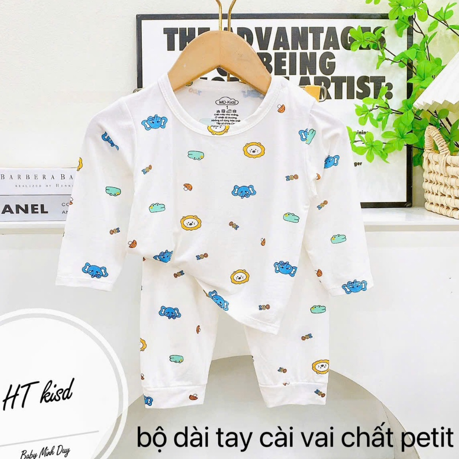 Bộ quần áo dài tay thun lạnh nền trắng họa tiết thú đáng yêu cho bé 4-14kg mesocshop