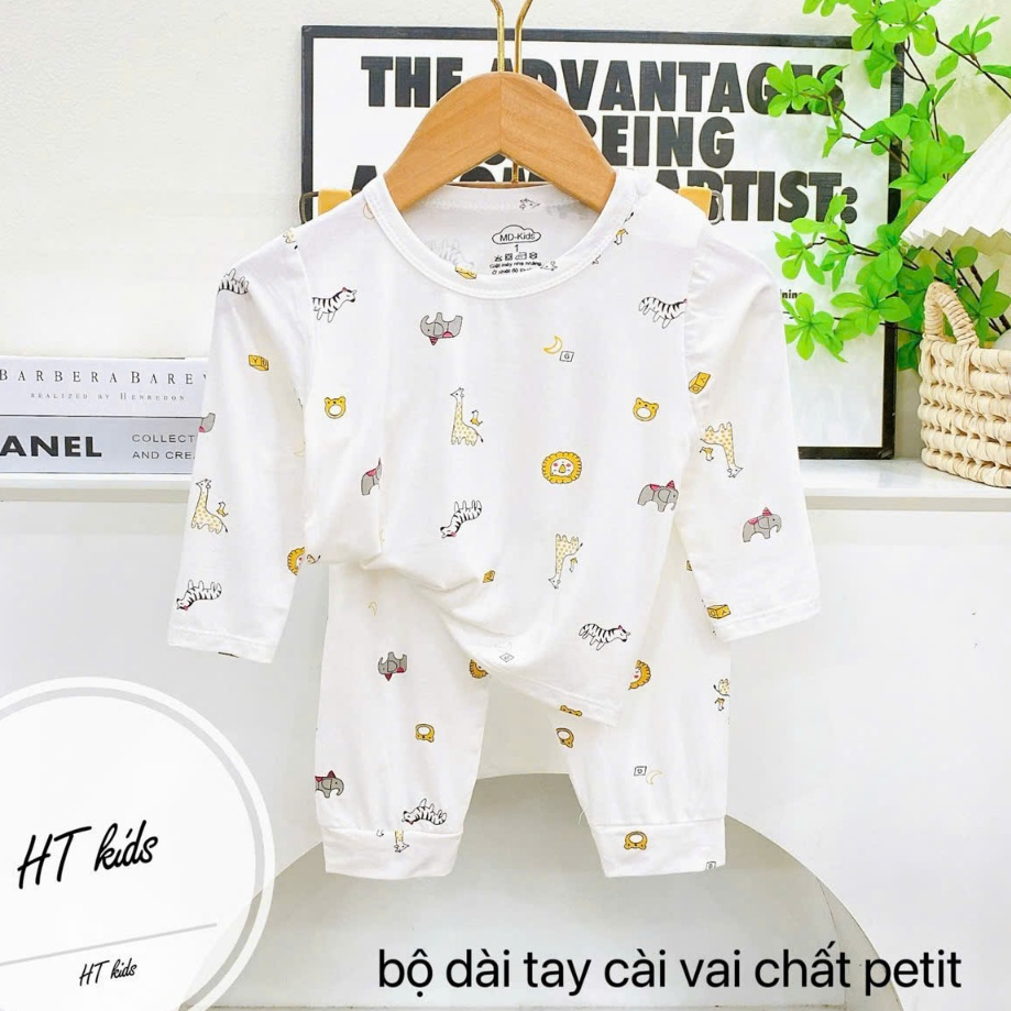 Bộ quần áo dài tay thun lạnh nền trắng họa tiết thú đáng yêu cho bé 4-14kg mesocshop