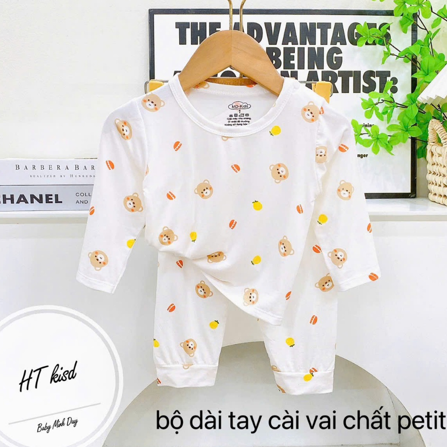 Bộ quần áo dài tay thun lạnh nền trắng họa tiết thú đáng yêu cho bé 4-14kg mesocshop