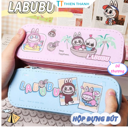 Hộp bút da PU dung tích lớn hình Labubu dễ thương đáng yêu, hộp bút 2 ngăn tiện lợi cho bé