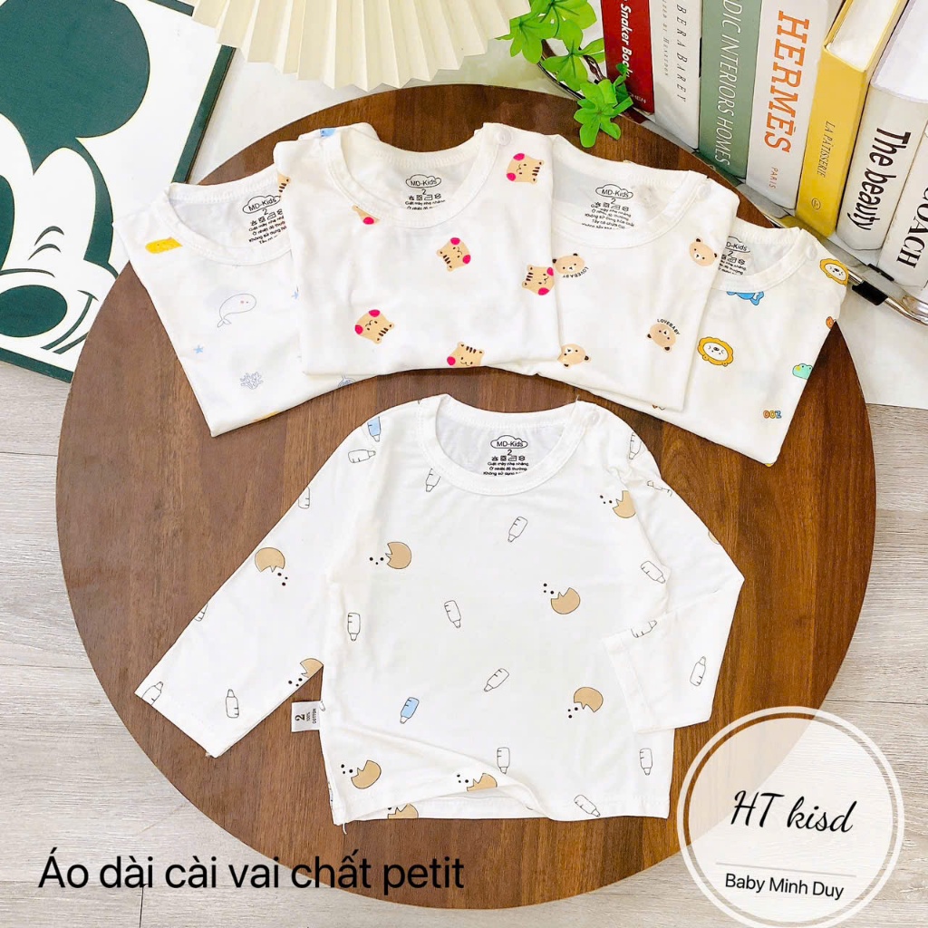 Áo dài tay chất thun lạnh nền trắng họa tiết thú đáng yêu, có cúc cài vai cho bé từ 4-14kg Mesocshop