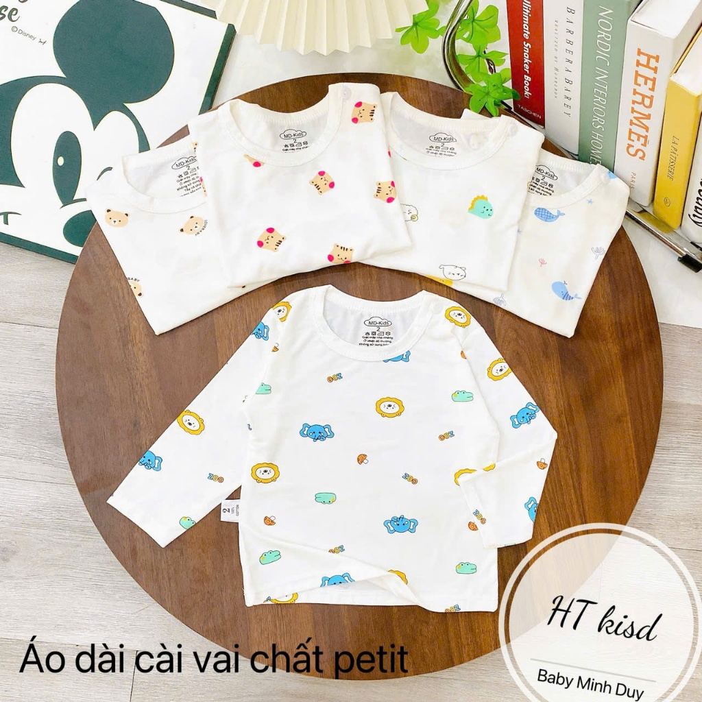 Áo dài tay chất thun lạnh nền trắng họa tiết thú đáng yêu, có cúc cài vai cho bé từ 4-14kg Mesocshop