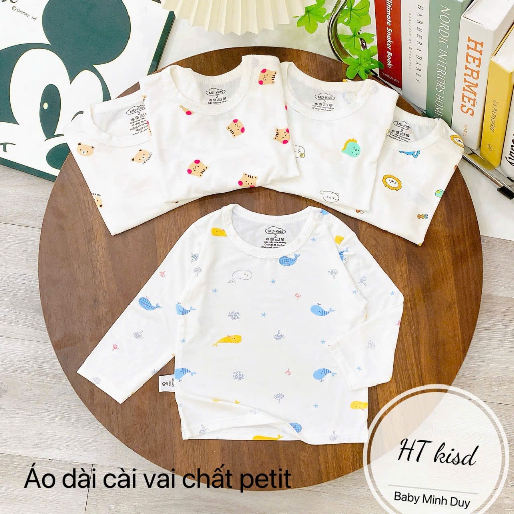 Áo dài tay chất thun lạnh nền trắng họa tiết thú đáng yêu, có cúc cài vai cho bé từ 4-14kg Mesocshop