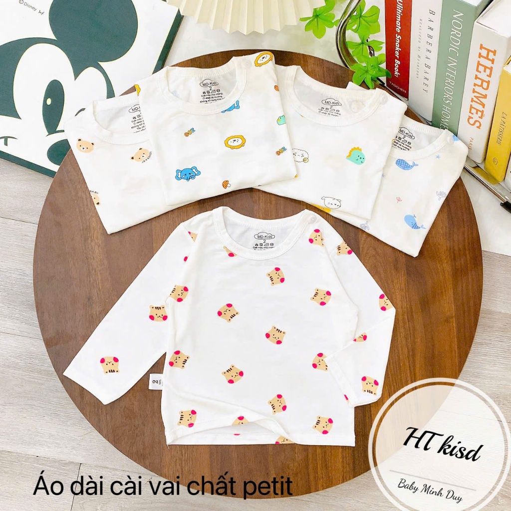 Áo dài tay chất thun lạnh nền trắng họa tiết thú đáng yêu, có cúc cài vai cho bé từ 4-14kg Mesocshop