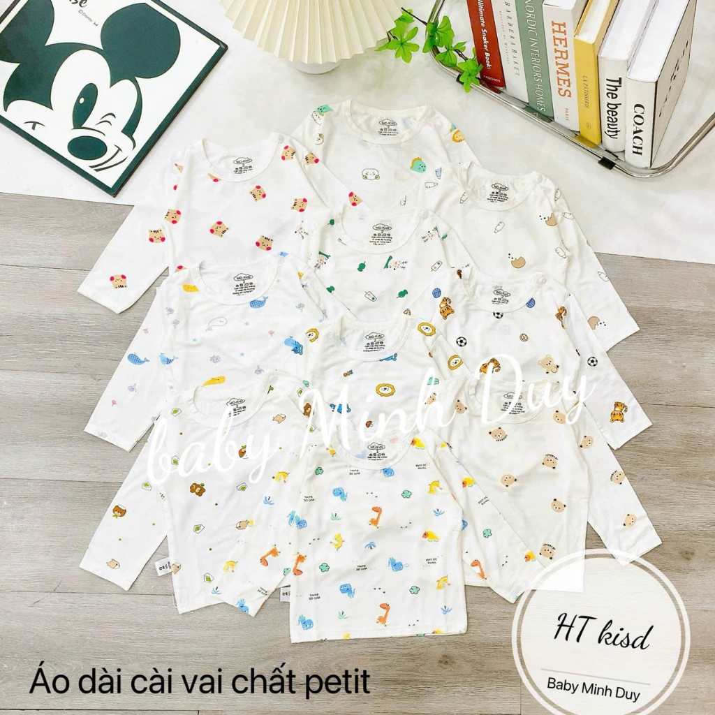 Áo dài tay chất thun lạnh nền trắng họa tiết thú đáng yêu, có cúc cài vai cho bé từ 4-14kg Mesocshop