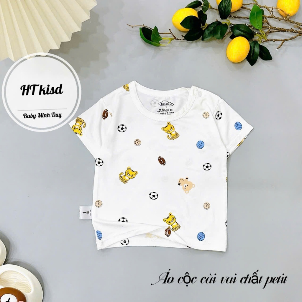 Áo cộc chất thun lạnh nền trắng họa tiết thú đáng yêu, có cúc cài vai cho bé từ 4-14kg Mesocshop