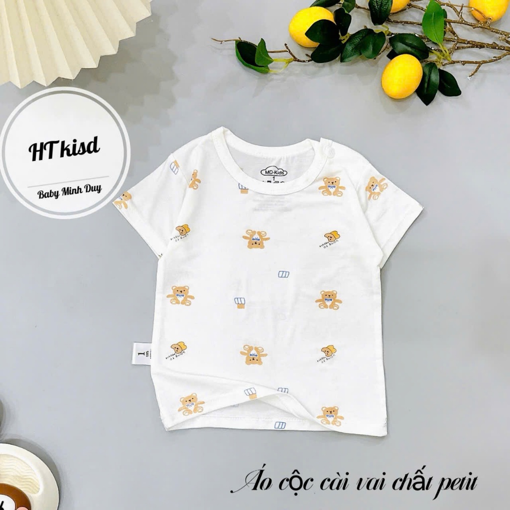 Áo cộc chất thun lạnh nền trắng họa tiết thú đáng yêu, có cúc cài vai cho bé từ 4-14kg Mesocshop