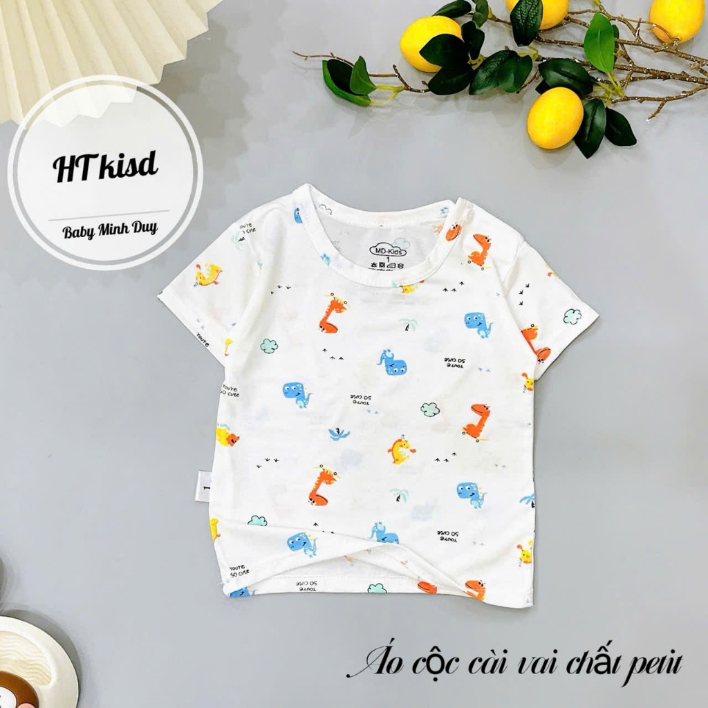 Áo cộc chất thun lạnh nền trắng họa tiết thú đáng yêu, có cúc cài vai cho bé từ 4-14kg Mesocshop
