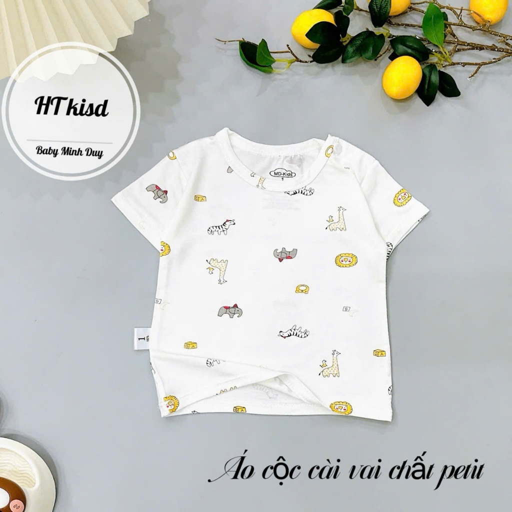 Áo cộc chất thun lạnh nền trắng họa tiết thú đáng yêu, có cúc cài vai cho bé từ 4-14kg Mesocshop