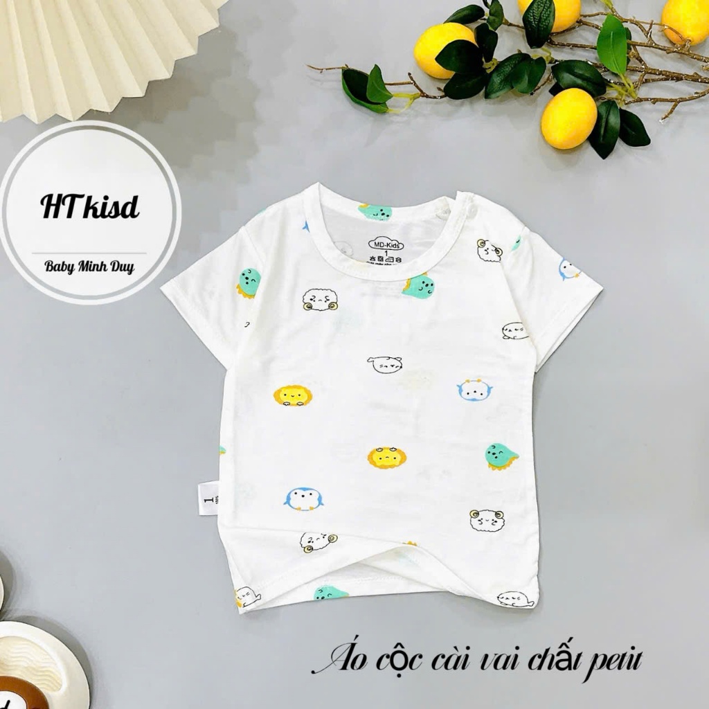 Áo cộc chất thun lạnh nền trắng họa tiết thú đáng yêu, có cúc cài vai cho bé từ 4-14kg Mesocshop