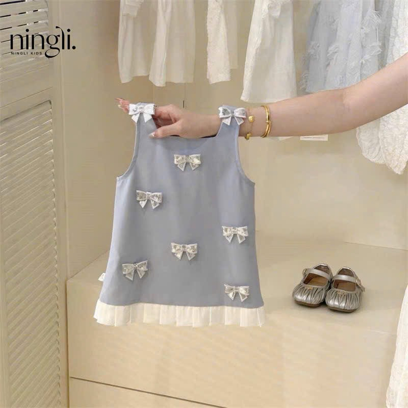 (Order) Váy sát nách xanh dương hoạ tiết nơ nổi mùa hè dành cho bé gái