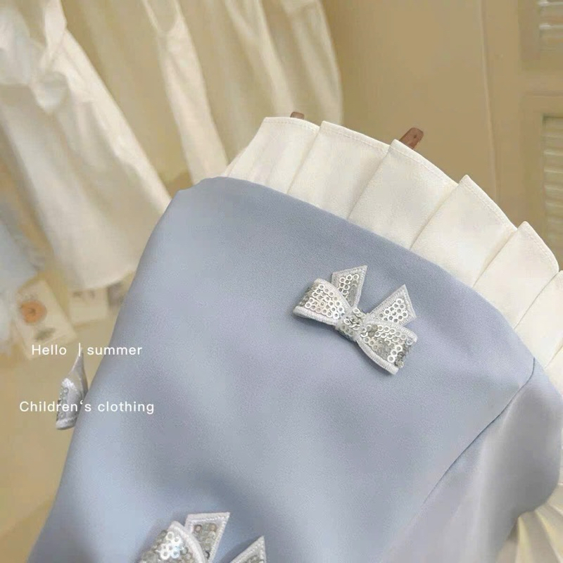 (Order) Váy sát nách xanh dương hoạ tiết nơ nổi mùa hè dành cho bé gái