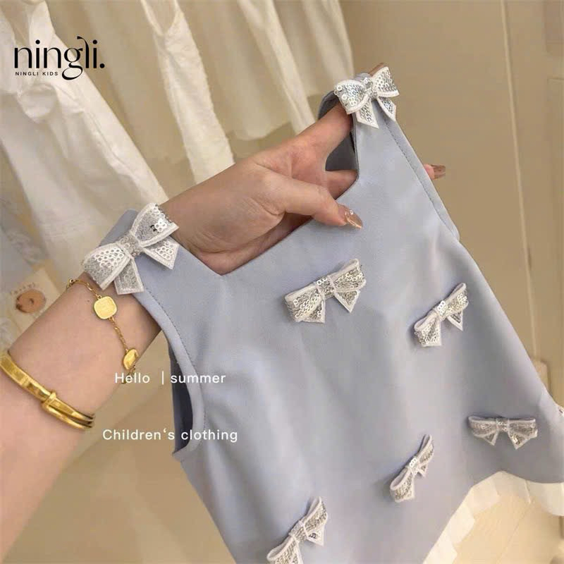 (Order) Váy sát nách xanh dương hoạ tiết nơ nổi mùa hè dành cho bé gái