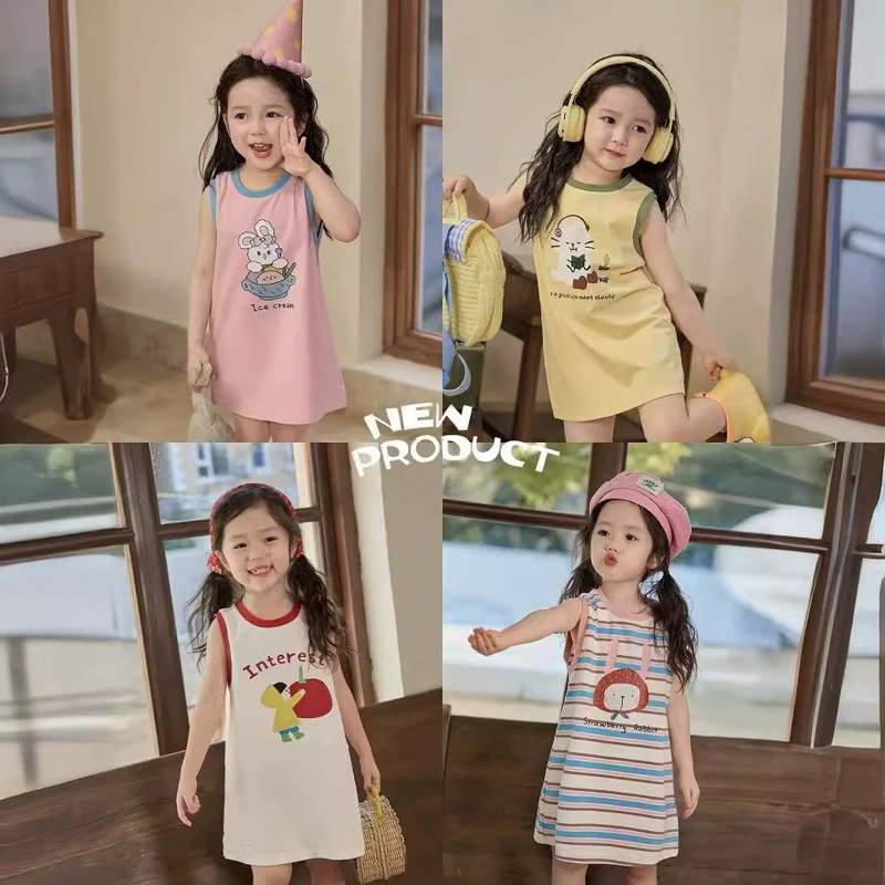 (Sẵn 100) Váy tanktop sát nách vải thô mỏng hoạ tiết in ngộ nghĩnh dành cho bé gái