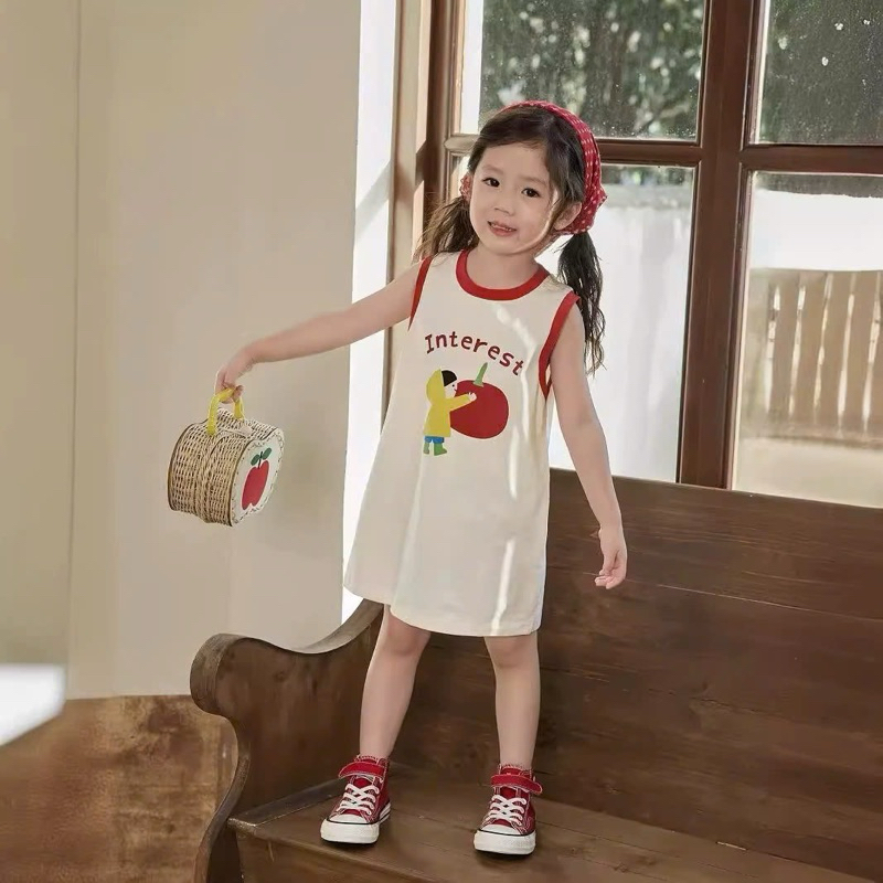 (Sẵn 100) Váy tanktop sát nách vải thô mỏng hoạ tiết in ngộ nghĩnh dành cho bé gái