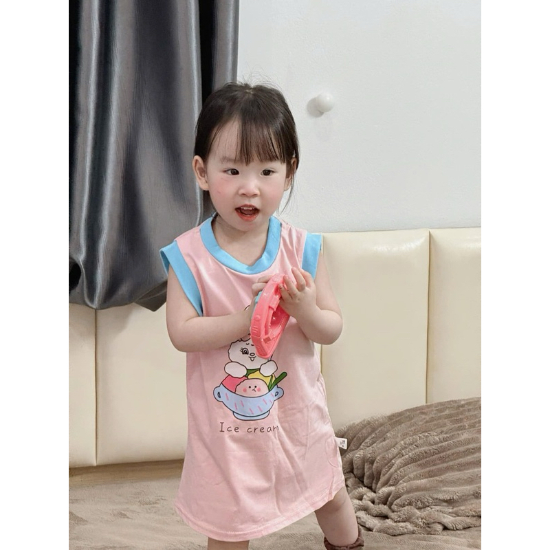 (Sẵn 100) Váy tanktop sát nách vải thô mỏng hoạ tiết in ngộ nghĩnh dành cho bé gái