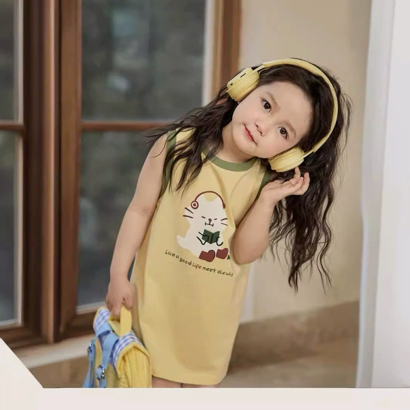 (Sẵn 100) Váy tanktop sát nách vải thô mỏng hoạ tiết in ngộ nghĩnh dành cho bé gái
