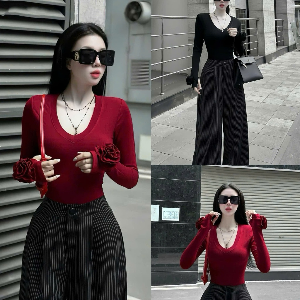 (Bigsize) ÁO CỔ TIM TAY ĐÍNH HOA HÔNG CÓ XỎ NGÓN- Áo thun chất Quảng Châu loại 1 sang chảnh
