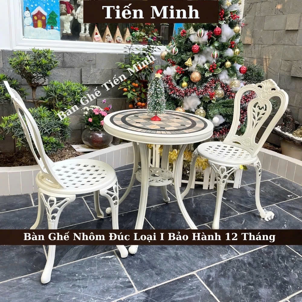 Bộ bàn ghế ban công ngoài trời Nhôm đúc Bàn ghế sân vườn ngoài trời Tròn mặt bàn đá gốm đẹp - HP40