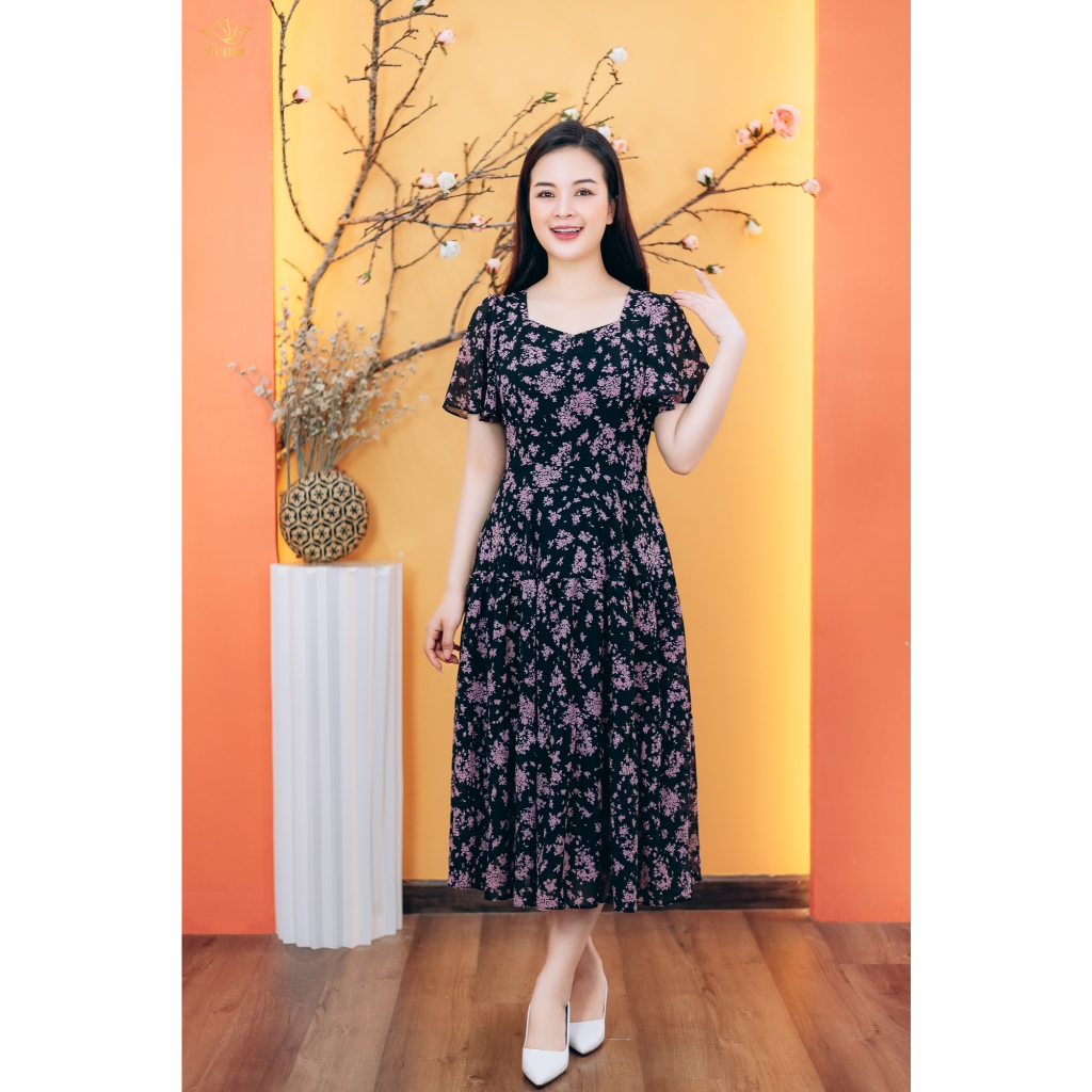 Ảnh Đầm maxi trung niên cho mẹ - Cổ vuông tim tay loe - Đen hoa tím - TTV Store thời trang nữ TTV1826 1