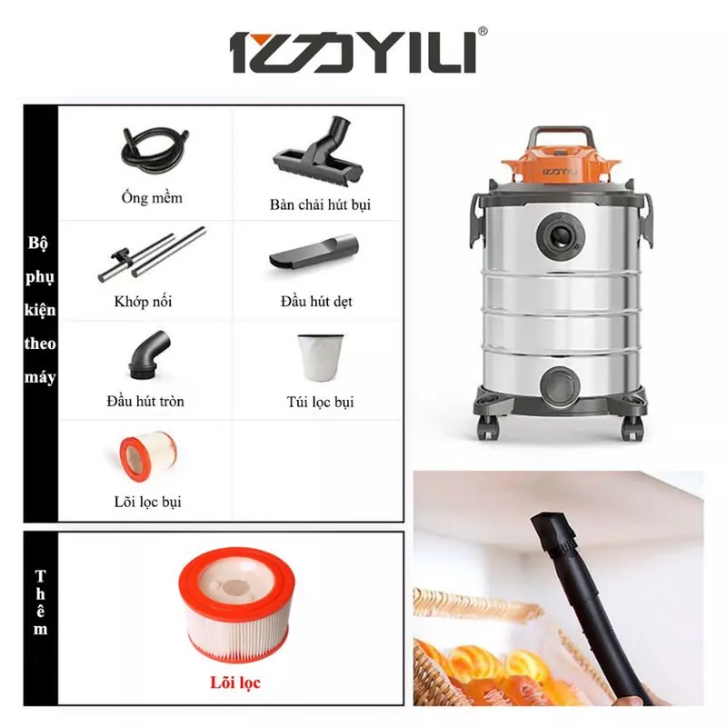 Máy hút bụi Yili YLW6342 công nghiệp công suất 1400W lực hút lớn dung tích 30 lít thùng inox không gỉ máy đa chức năng — ảnh 1