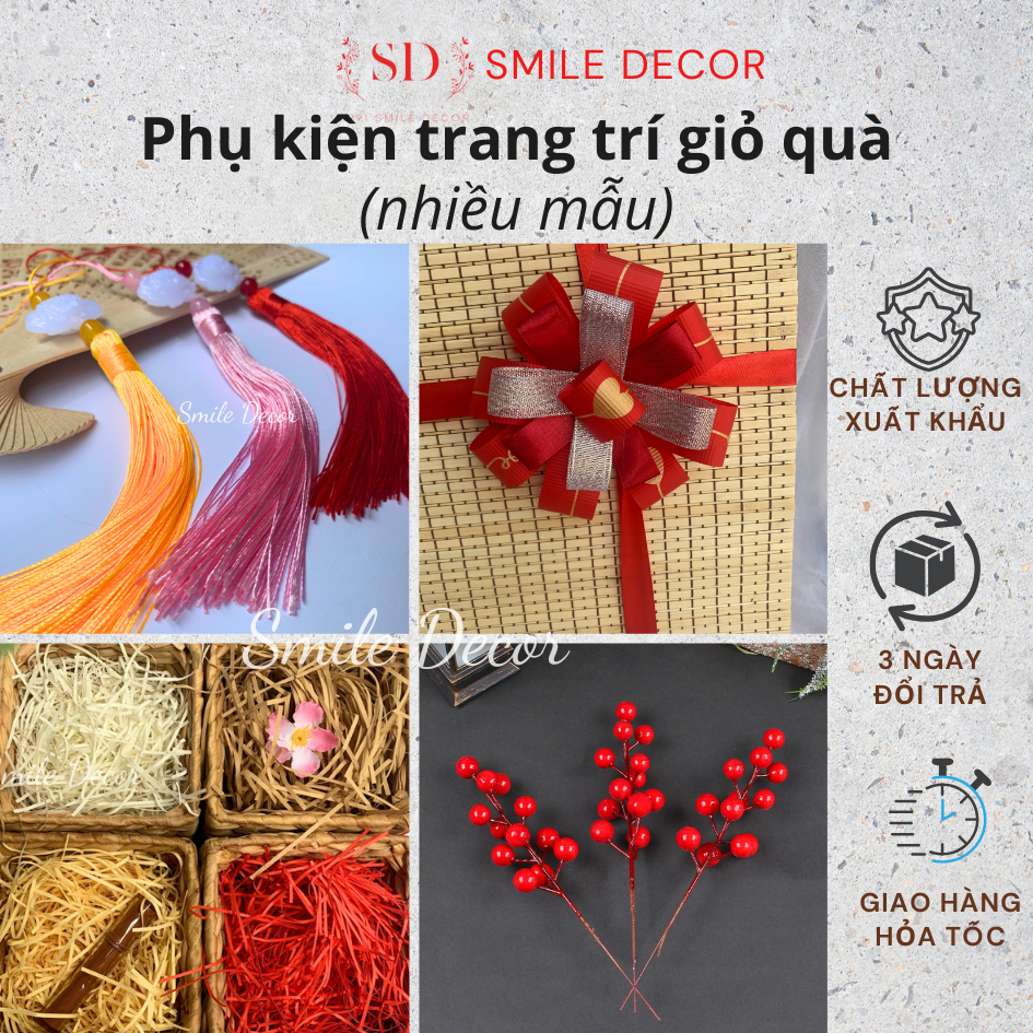 Phụ kiện trang trí giỏ quà hộp quà tặng lễ tết 2025, tua rua giấy rơm ...