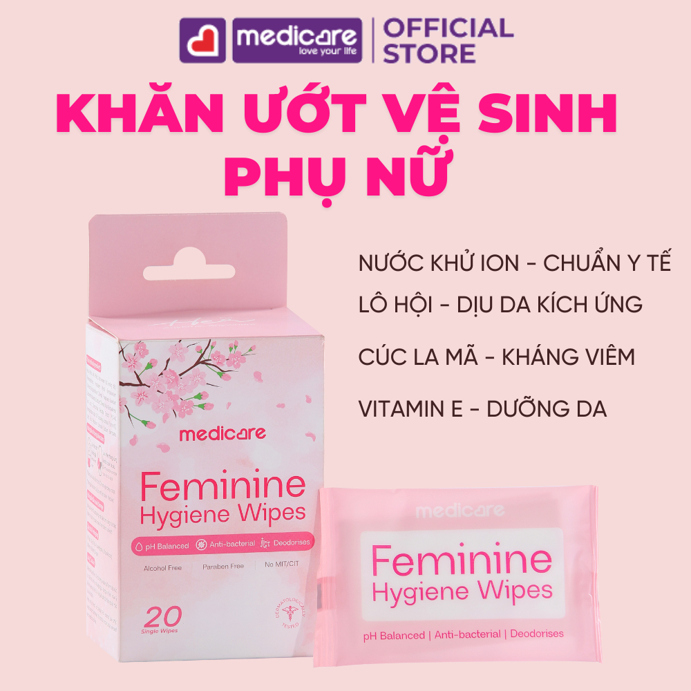 Khăn Ướt MEDiCARE Vệ Sinh Phụ Nữ Khử Mùi & Kháng Khuẩn Hộp 20 gói