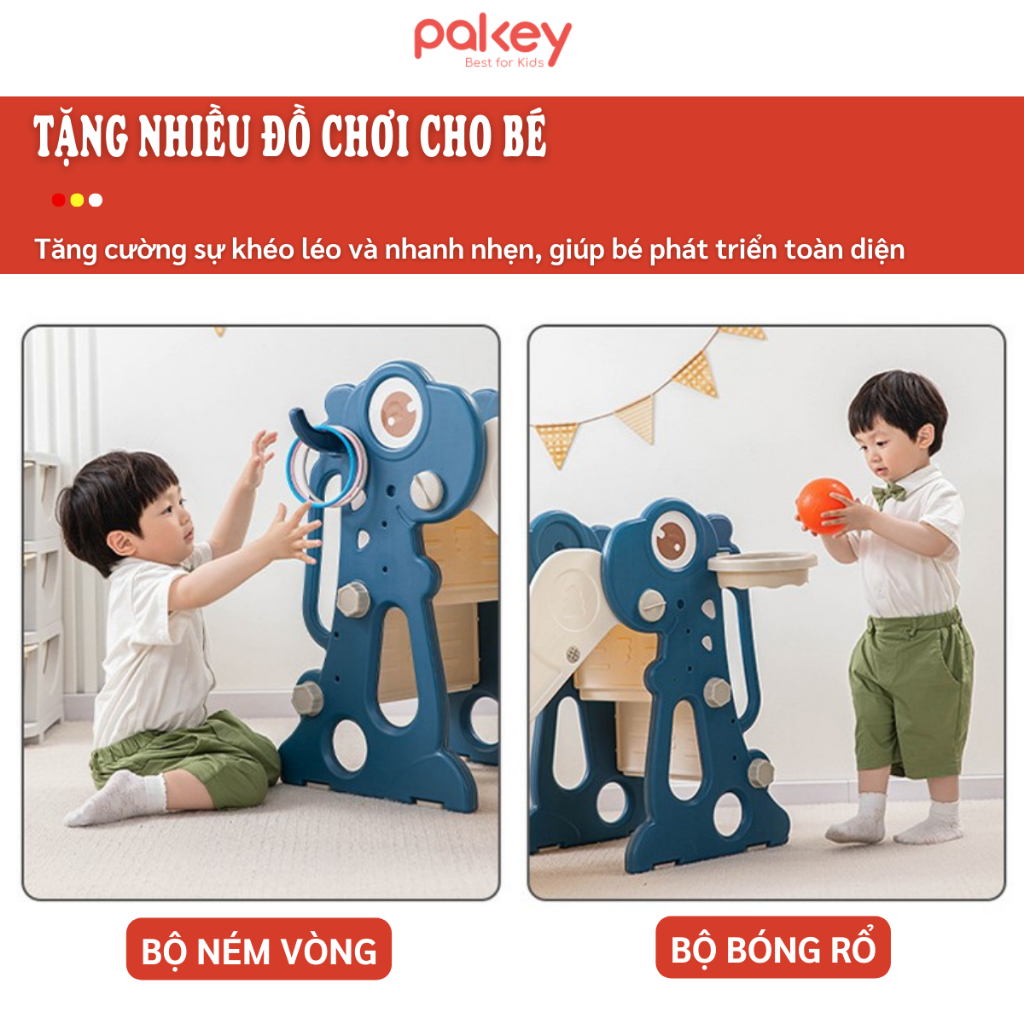 [NEW] Cầu Trượt Cho Bé Hình Khủng Long Ngộ Nghĩnh, Cầu Trượt Gấp Gọn Tặng Kèm Bóng Rổ + Vòng Ném Cho Bé  - KS02