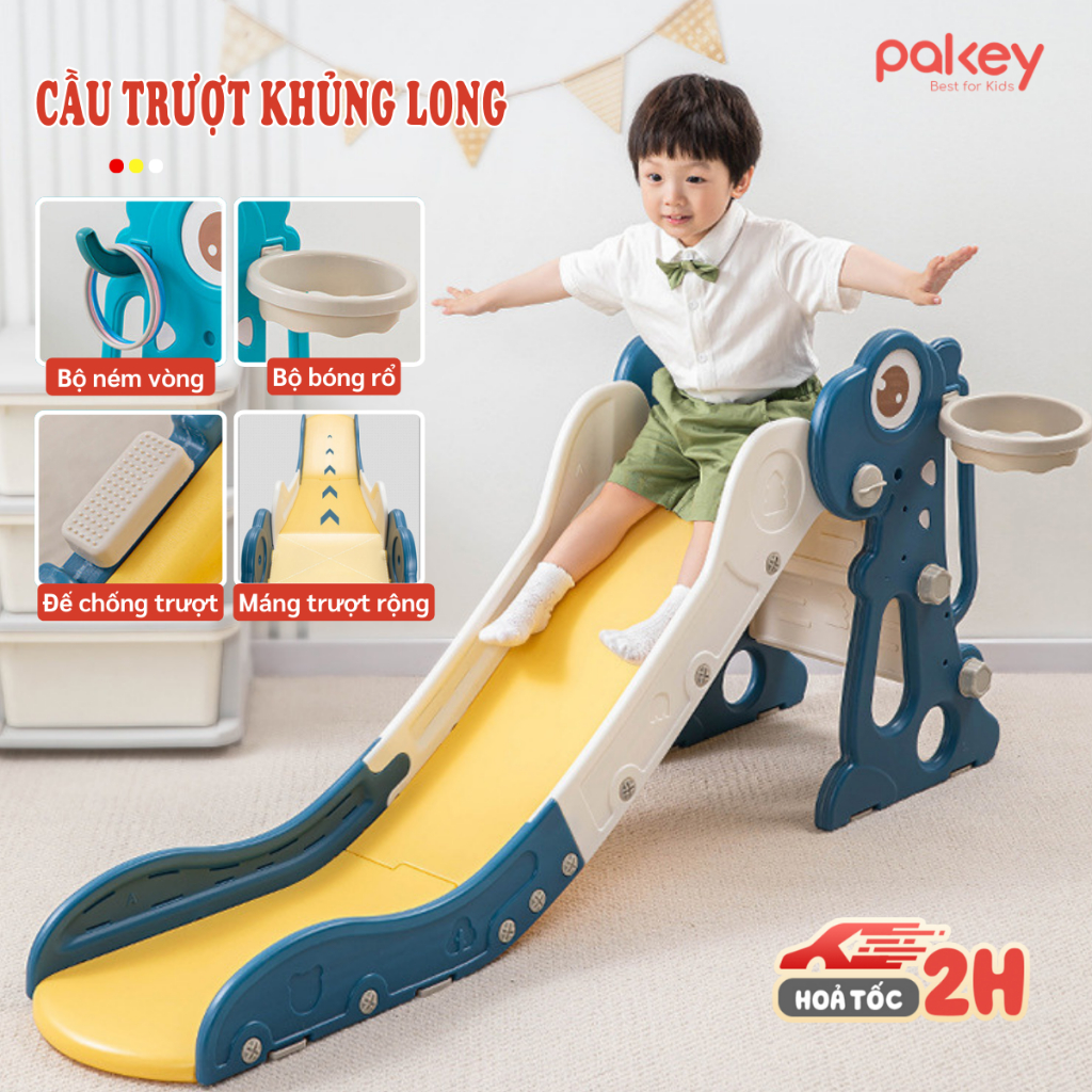 [NEW] Cầu Trượt Cho Bé Hình Khủng Long Ngộ Nghĩnh, Cầu Trượt Gấp Gọn Tặng Kèm Bóng Rổ + Vòng Ném Cho Bé  - KS02