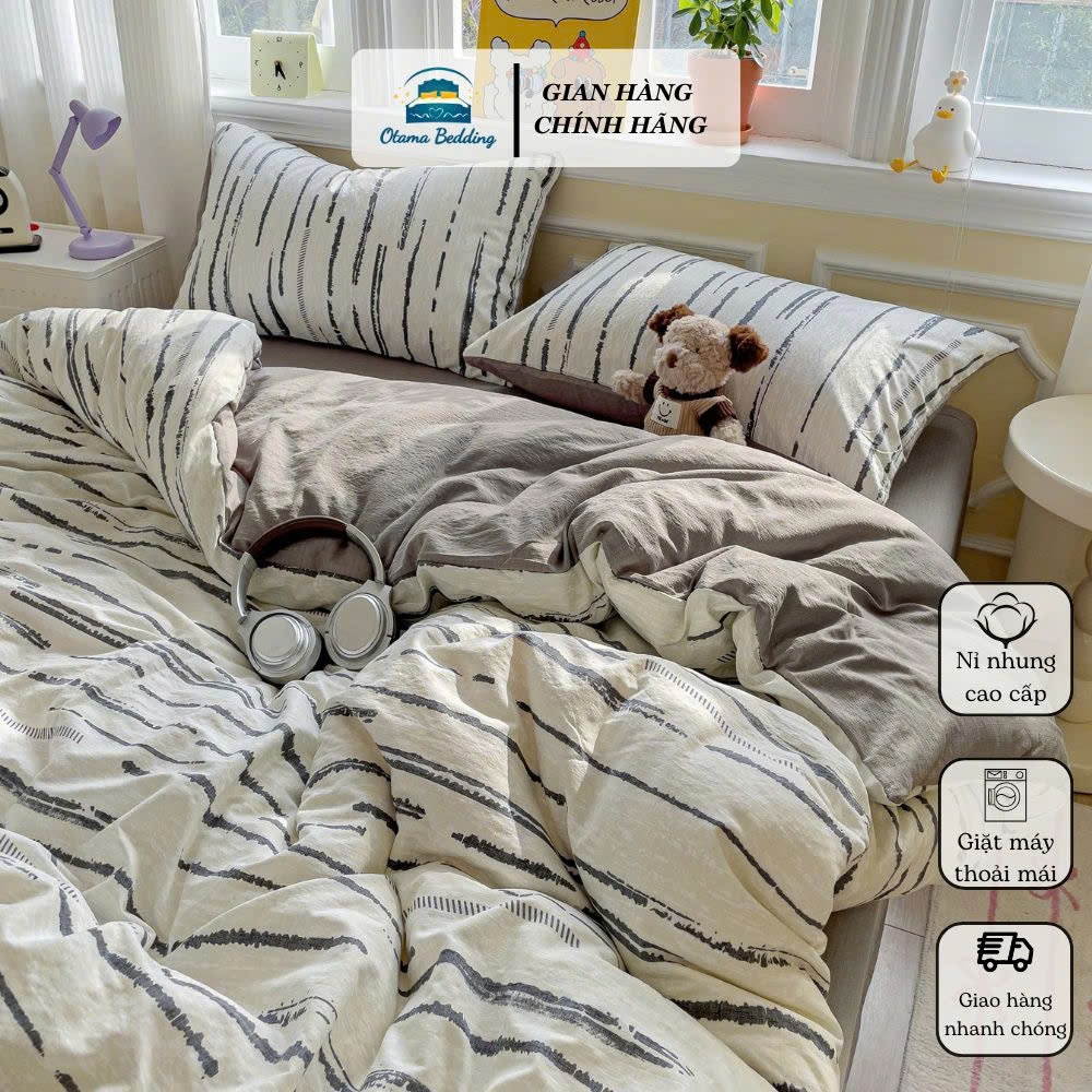 Bộ 4 món chăn ga gối cotton đũi bông họa tiết trang trí phòng ngủ Otama Bedding, Set drap 1m8 1m6