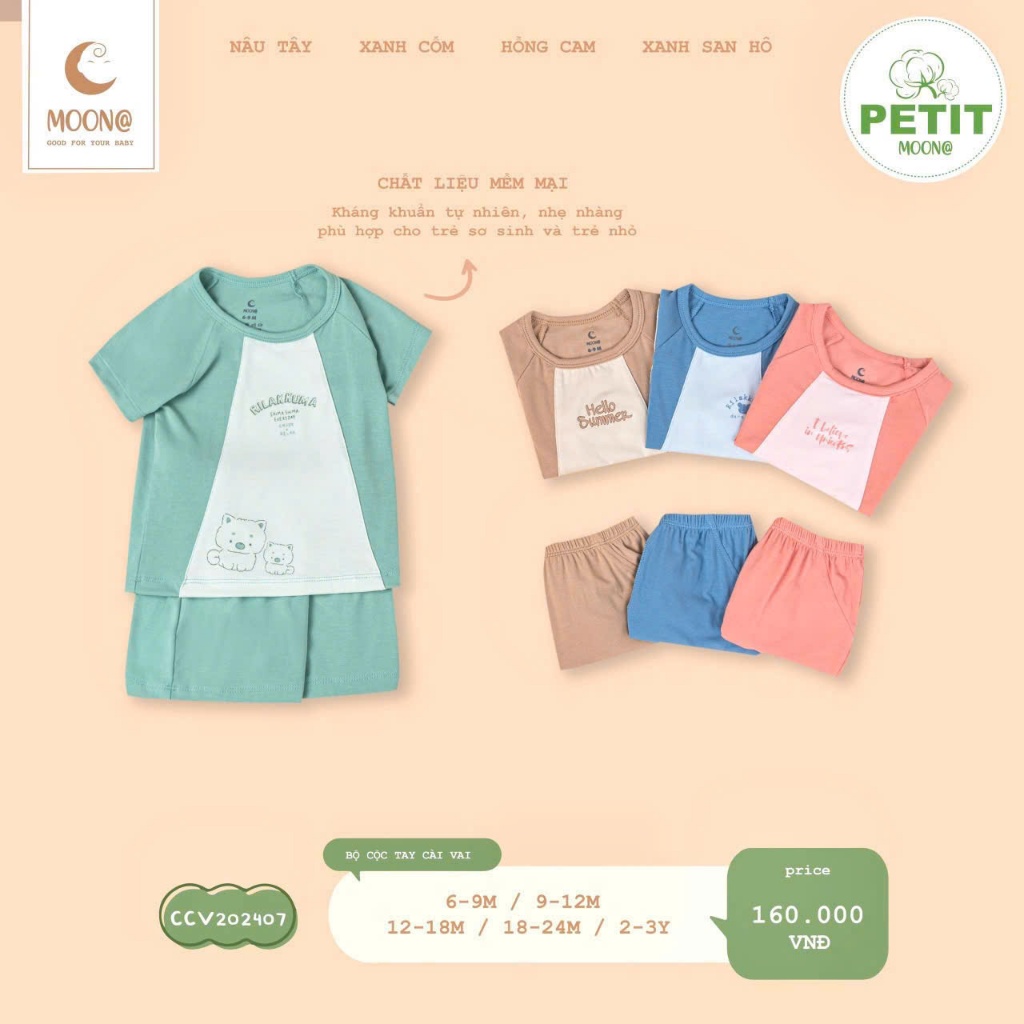 (6,5-16kg) Bộ MOON Cộc Tay Bé Trai, Bé Gái Hoạ Tiết Đơn Giản Dễ Thương CCV202407, CCV02, CCV03