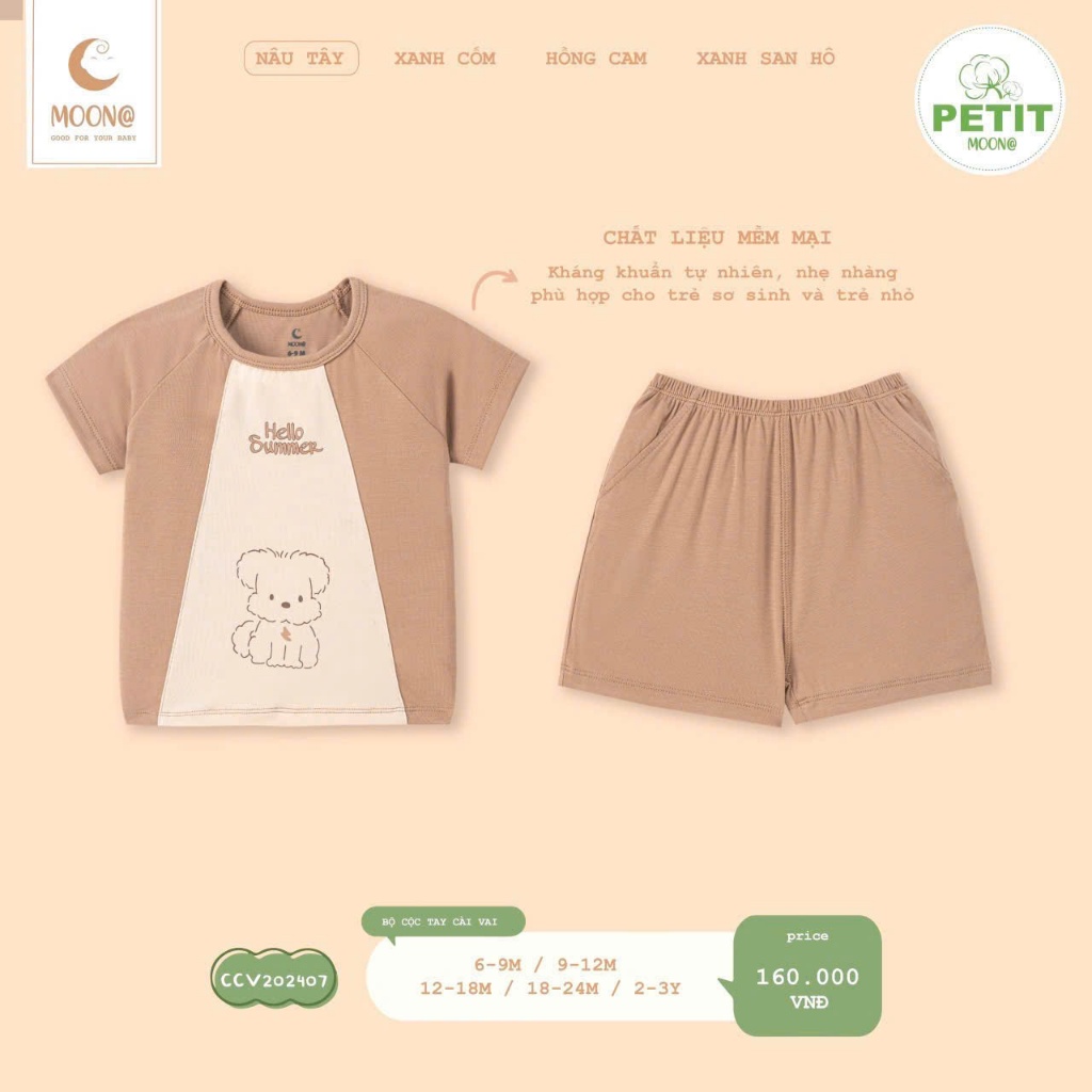 (6,5-16kg) Bộ MOON Cộc Tay Bé Trai, Bé Gái Hoạ Tiết Đơn Giản Dễ Thương CCV202407, CCV02, CCV03