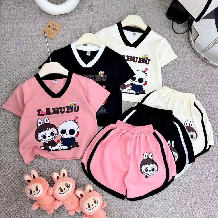 Sét bộ cộc tay cho bé gái in hình labubu vải cotton (không kèm gấu) 2-14 tuổi.Ms14