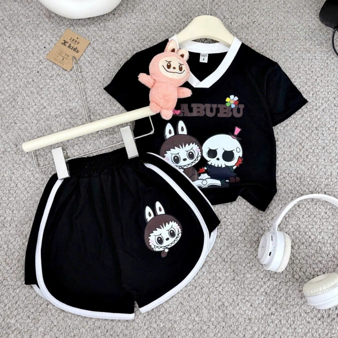 Sét bộ cộc tay cho bé gái in hình labubu vải cotton (không kèm gấu) 2-14 tuổi.Ms14