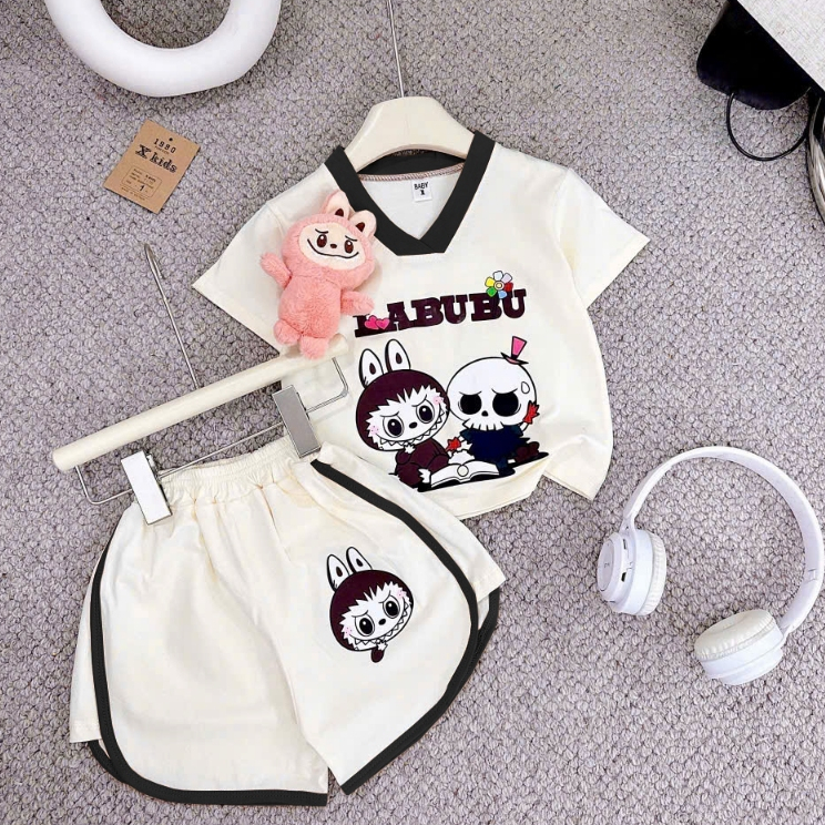Sét bộ cộc tay cho bé gái in hình labubu vải cotton (không kèm gấu) 2-14 tuổi.Ms14