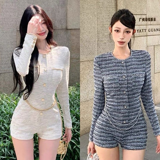 Jumsuit liền dài tay dạ Tweed viền kim loại siêu sang chảnh phong cách tiểu thư