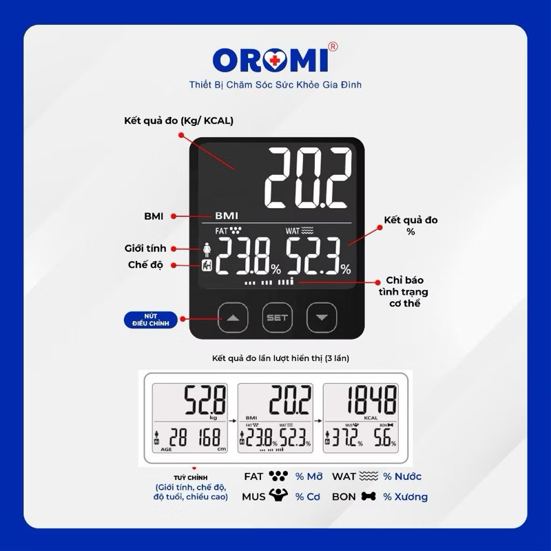 EF881 - Cân Sức Khỏe Điện Tử Thông Minh Đo Chỉ Số Cơ Thể Oromi