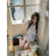 Set Áo Sơmi Cổ Sen Tay Phối Ren Bo Chun Mix Yếm Kẻ 2 Lớp Nơ Bản To