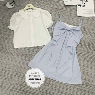 [S2.3007] Set Áo Sơmi Cổ Sen Tay Phối Ren Bo Chun Mix Yếm Kẻ 2 Lớp Nơ Bản To