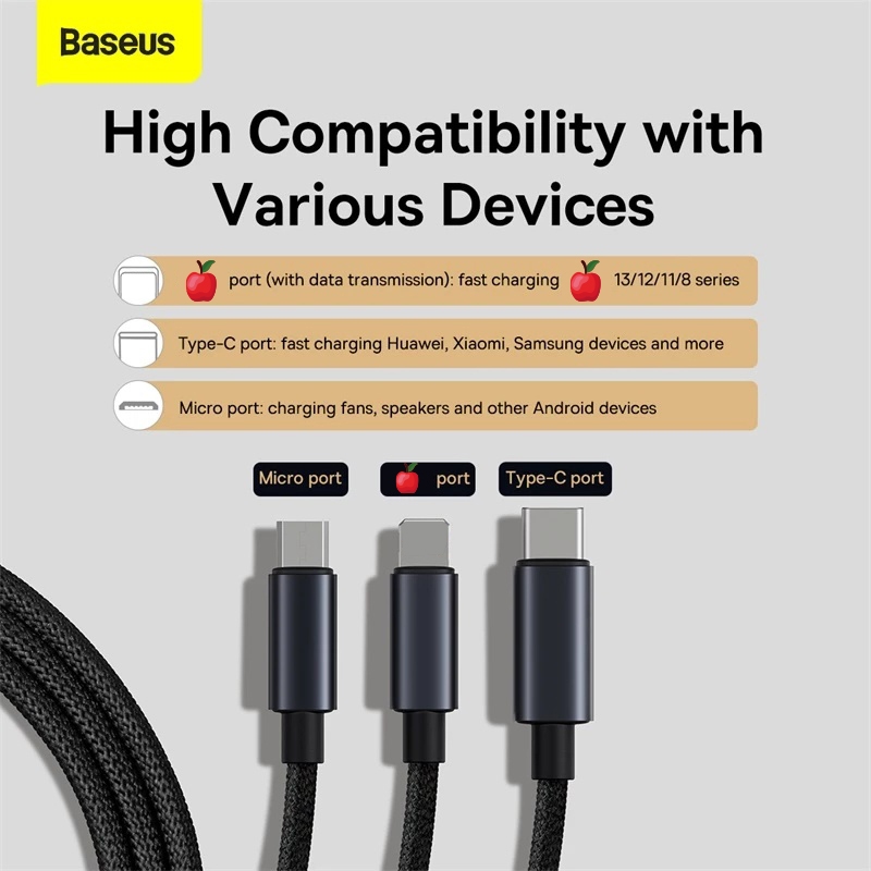 Dây cáp BASEUS dây cáp 3 trong 1 từ USB sang Micro + Type C + Ligh thích hợp cho Samsung Huawei Phone