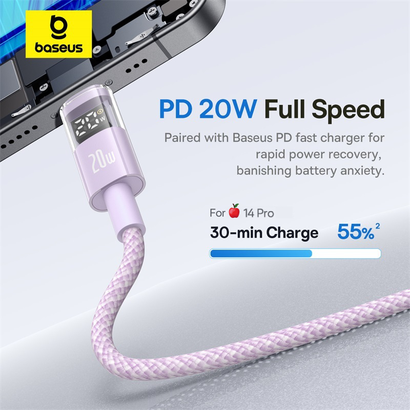 Cáp Sạc Nhanh 2m & Truyền Dữ Liệu Baseus Display USB-C sang phone 20W – Tích Hợp Màn Hình Hiển Thị Công Suất