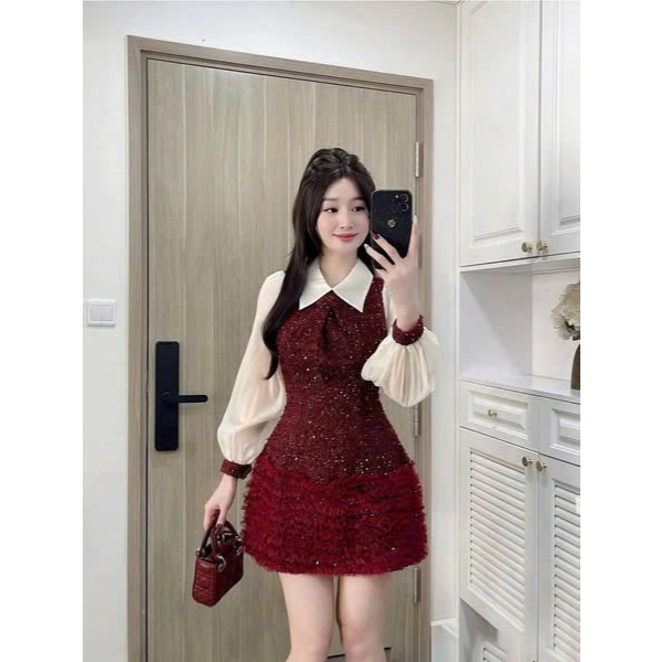 Váy Dạ Tweet Đỏ Tay Voan Tơ Bồng Cổ Đức Phối Chân Váy Tầng Bling, Đầm Dạ Nữ Dự Tiệc Thiết Kế Sang Chảnh - CHAMIE STUDIO