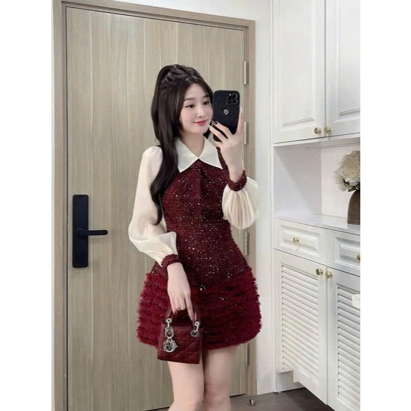 Váy Dạ Tweet Đỏ Tay Voan Tơ Bồng Cổ Đức Phối Chân Váy Tầng Bling, Đầm Dạ Nữ Dự Tiệc Thiết Kế Sang Chảnh - CHAMIE STUDIO