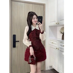 Váy Dạ Tweet Đỏ Tay Voan Tơ Bồng Cổ Đức Phối Chân Váy Tầng Bling, Đầm Dạ Nữ Dự Tiệc Thiết Kế Sang Chảnh - CHAMIE STUDIO