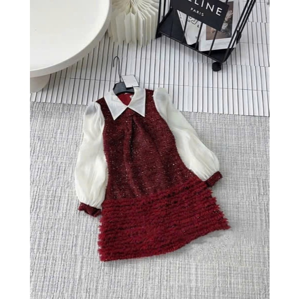 Váy Dạ Tweet Đỏ Tay Voan Tơ Bồng Cổ Đức Phối Chân Váy Tầng Bling, Đầm Dạ Nữ Dự Tiệc Thiết Kế Sang Chảnh - CHAMIE STUDIO